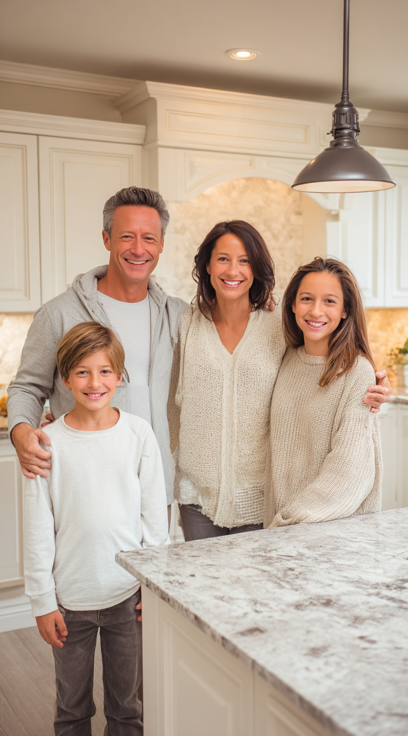 smiling family in kitchen